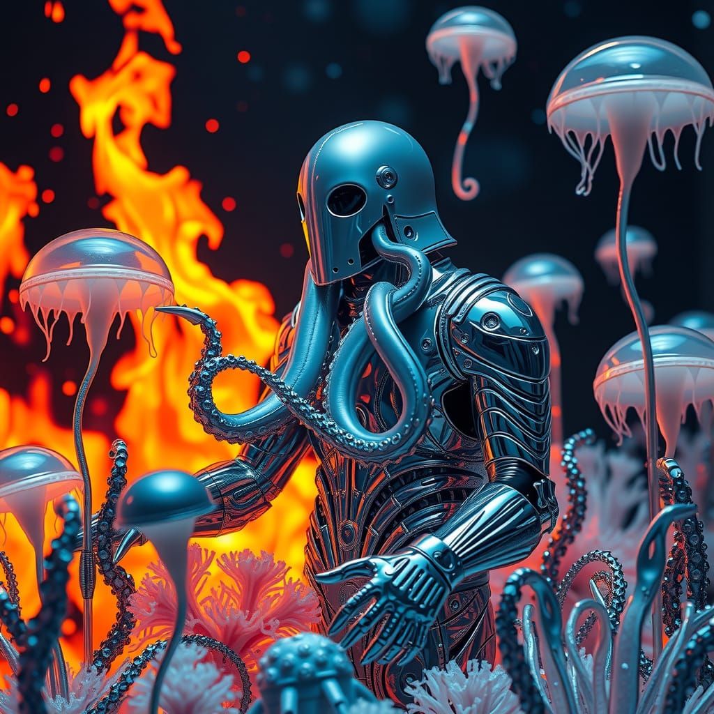 Cybernetic Chrome Warrior in Futuristic Oceanic Diorama