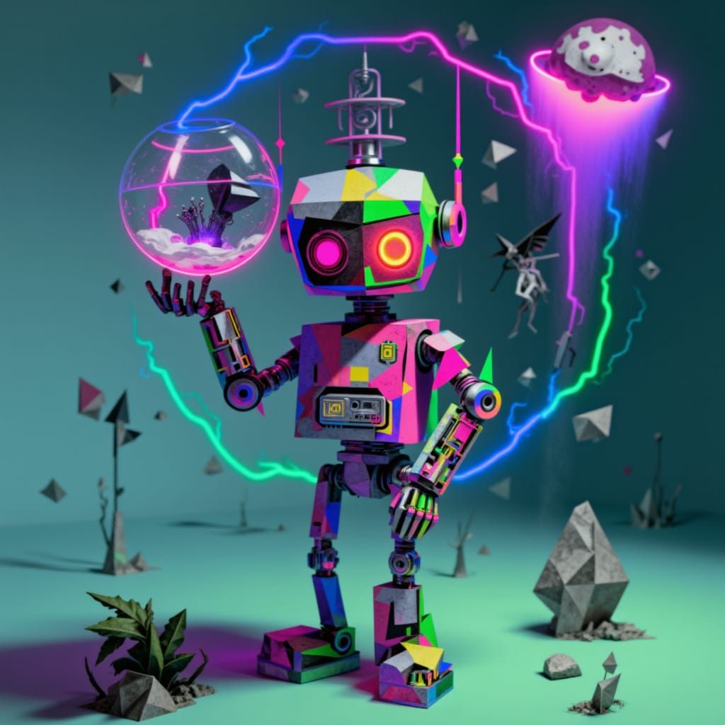Cute Robot Holding a Fishbowl