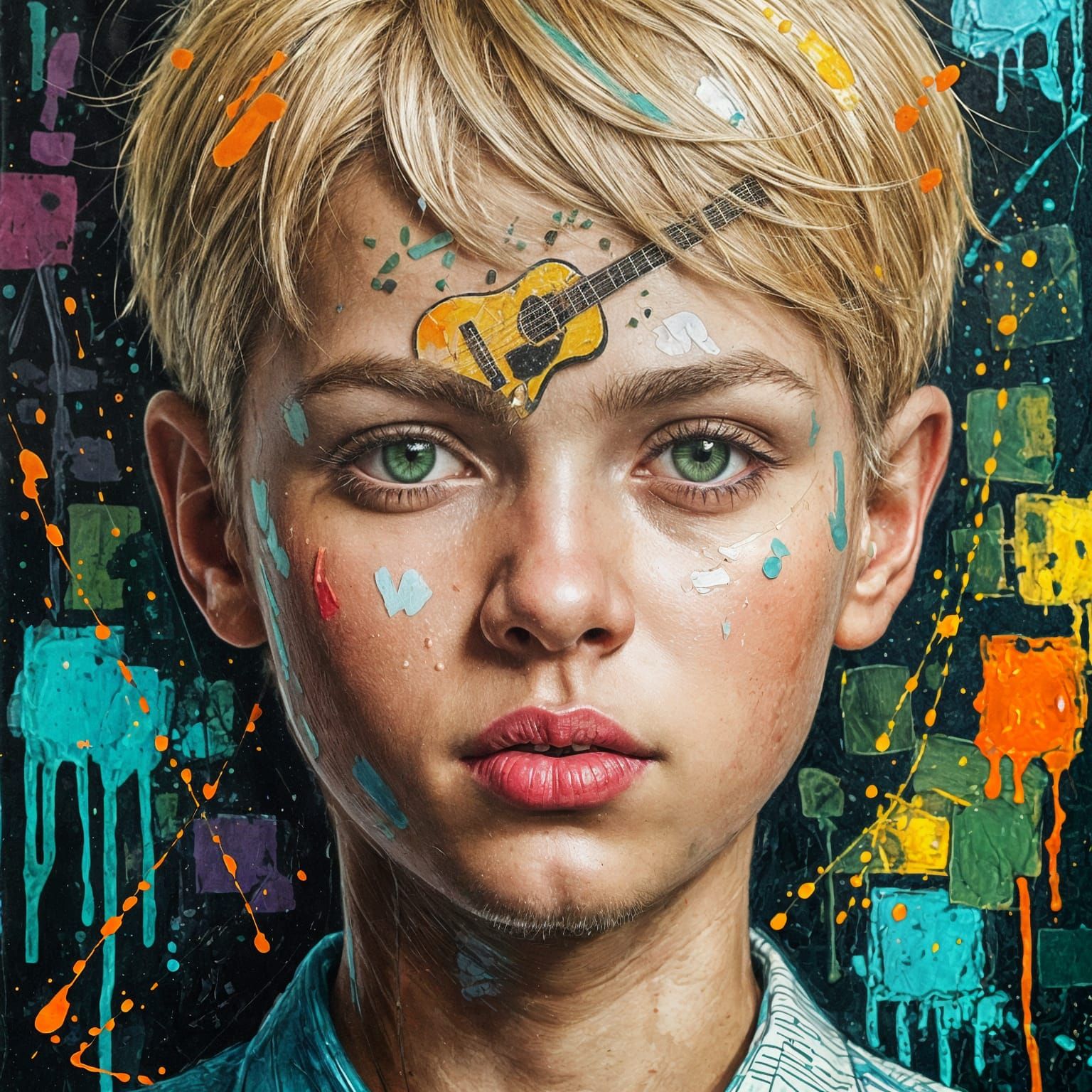 Textured Impasto Mosaic Portrait of Moody Blond Boy