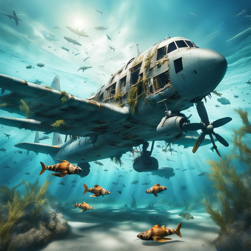 Submerged Fighter Plane Double Exposure in Clear Sea
