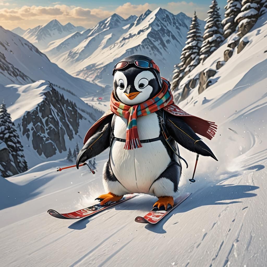 Penguin's Winter Adventure on Snowy Mountain