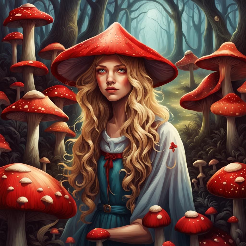 Girl with Golden Hair Among Colorful Mushrooms