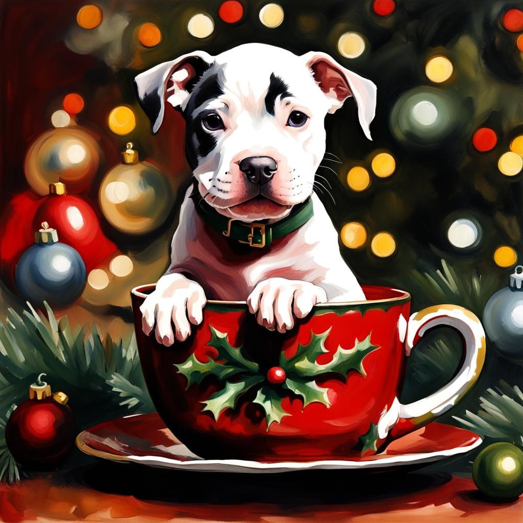Pitbull Puppy in Teacup: Gouache Watercolor Painting