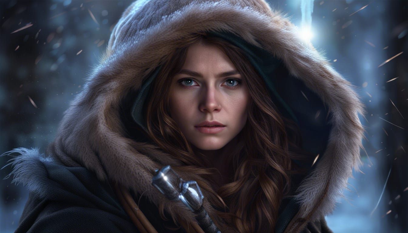 Female Wizard Exploring Snowy Wilderness in Detailed Matte P...