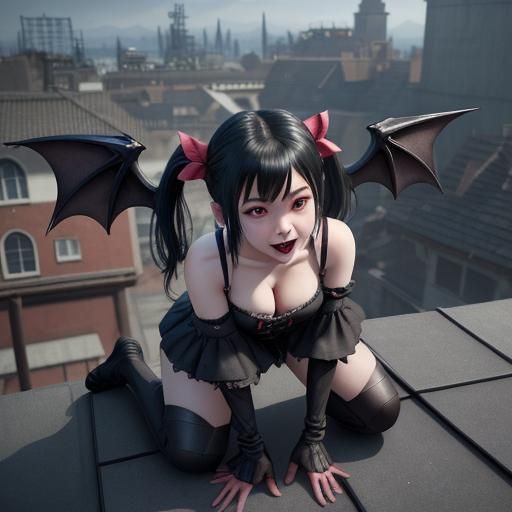 Cute Kawaii Vampire Kneeling on Rooftop