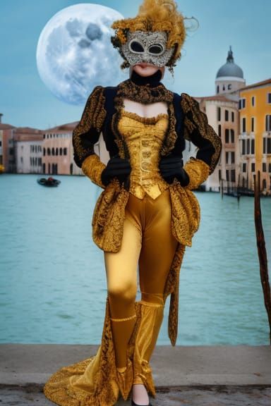 Venetian Carnival Costume Under Rising Full Moon