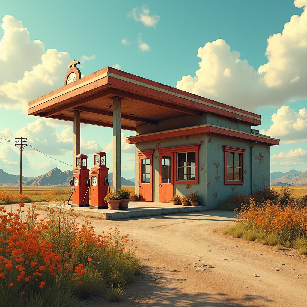 Rustic Gas Station in Cubist Art Deco Style