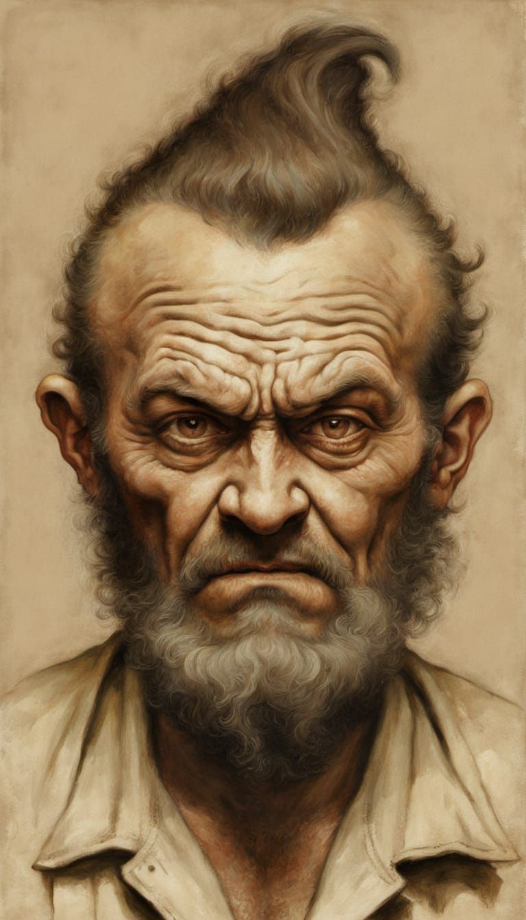 Grotesque Dwarf Voodoo Mugshot in Sepia Gouache