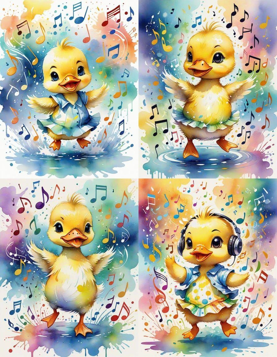 Cute Chibi Duckling Dancing in Watercolor Style