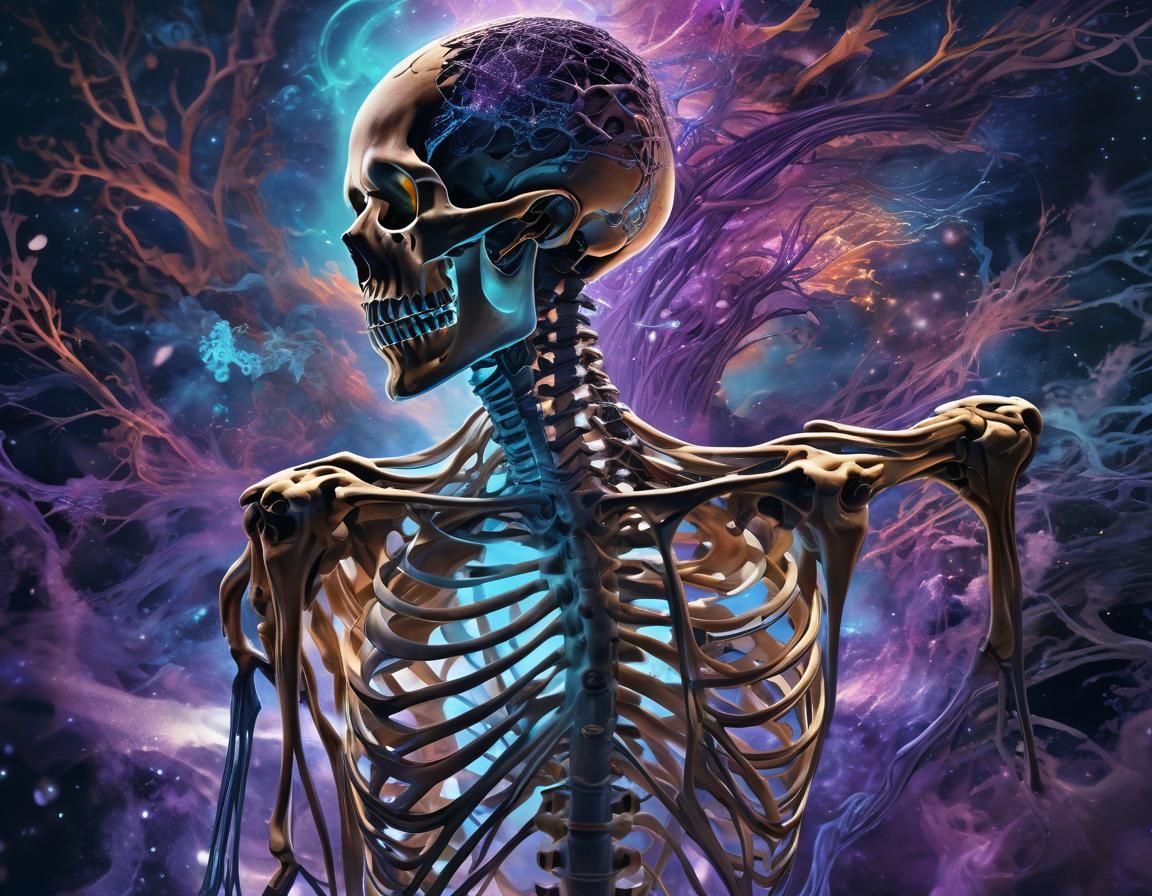 Bones Collector in Cosmic Dreamscape, Astral Illustration