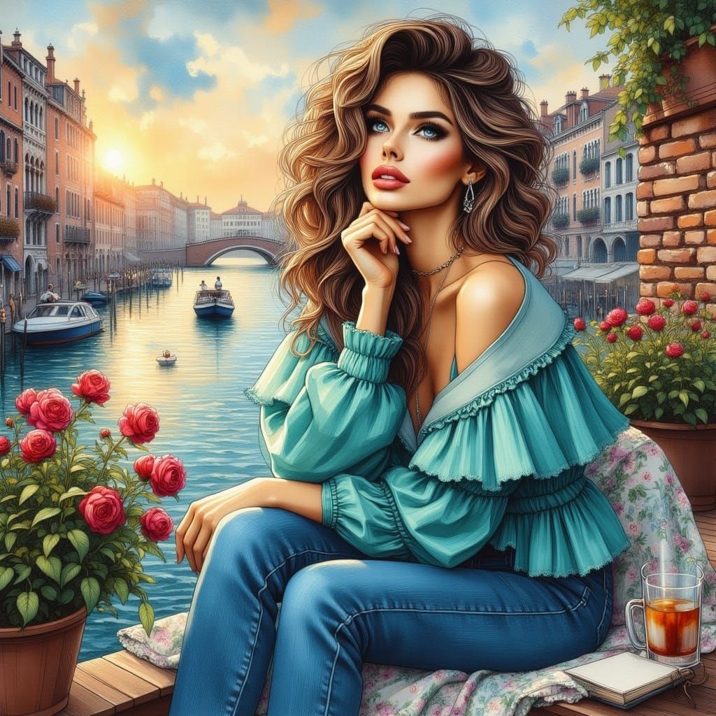 Venetian Woman in Impressionist Oil Painting Style
