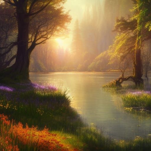 Gothic Forest Meadow in Spring Sunlight