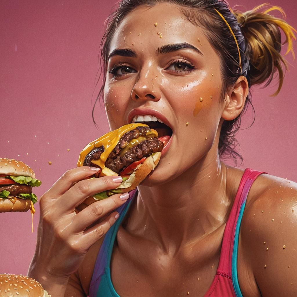 Fitness Model Indulges in Cheeseburger: 8K Illustration