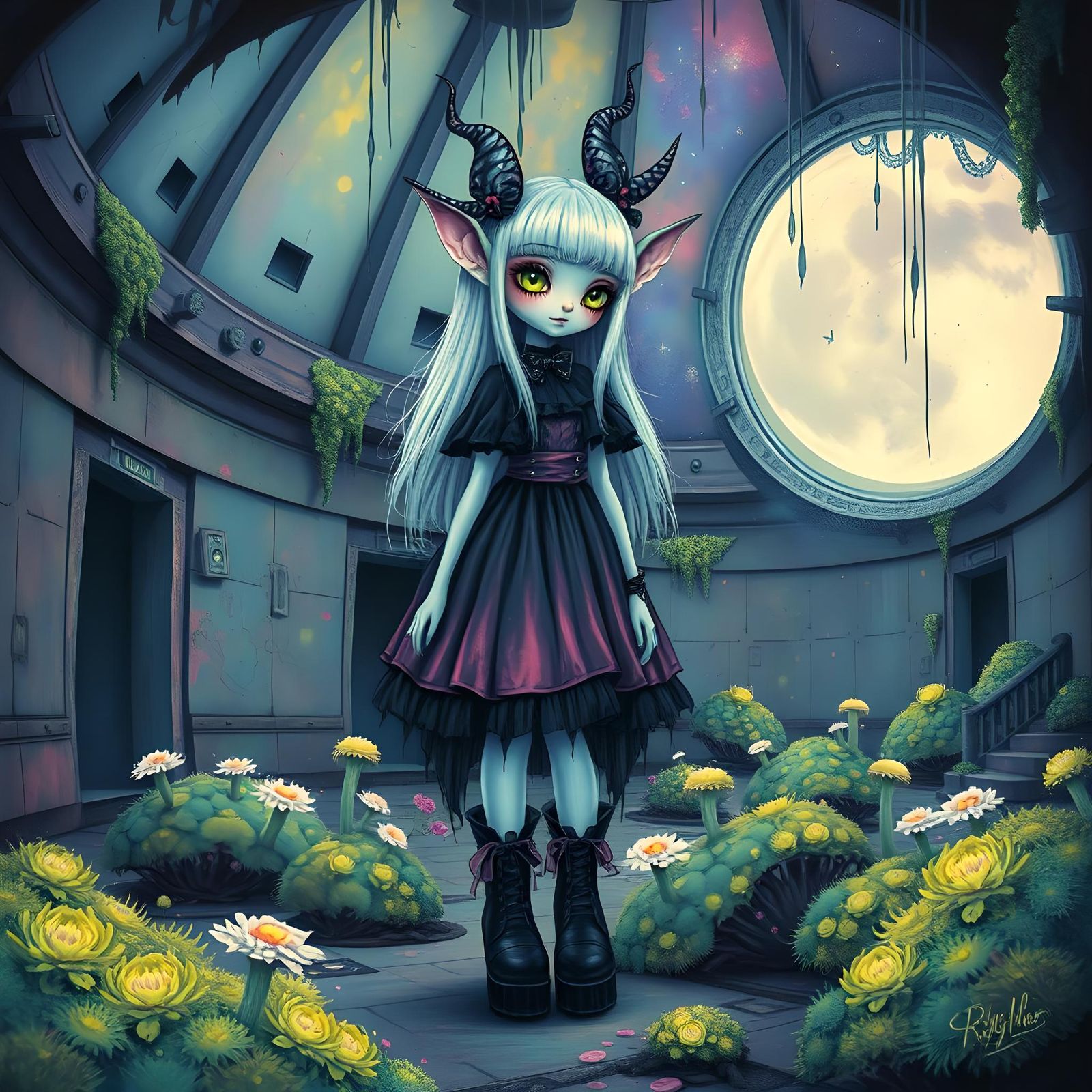Pastel-Goth Alien Girl in Dreamlike Observatory