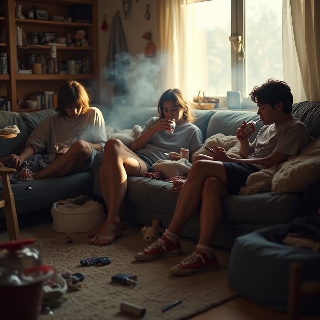 Young Adults Relax in a Cluttered, Softly Lit Room