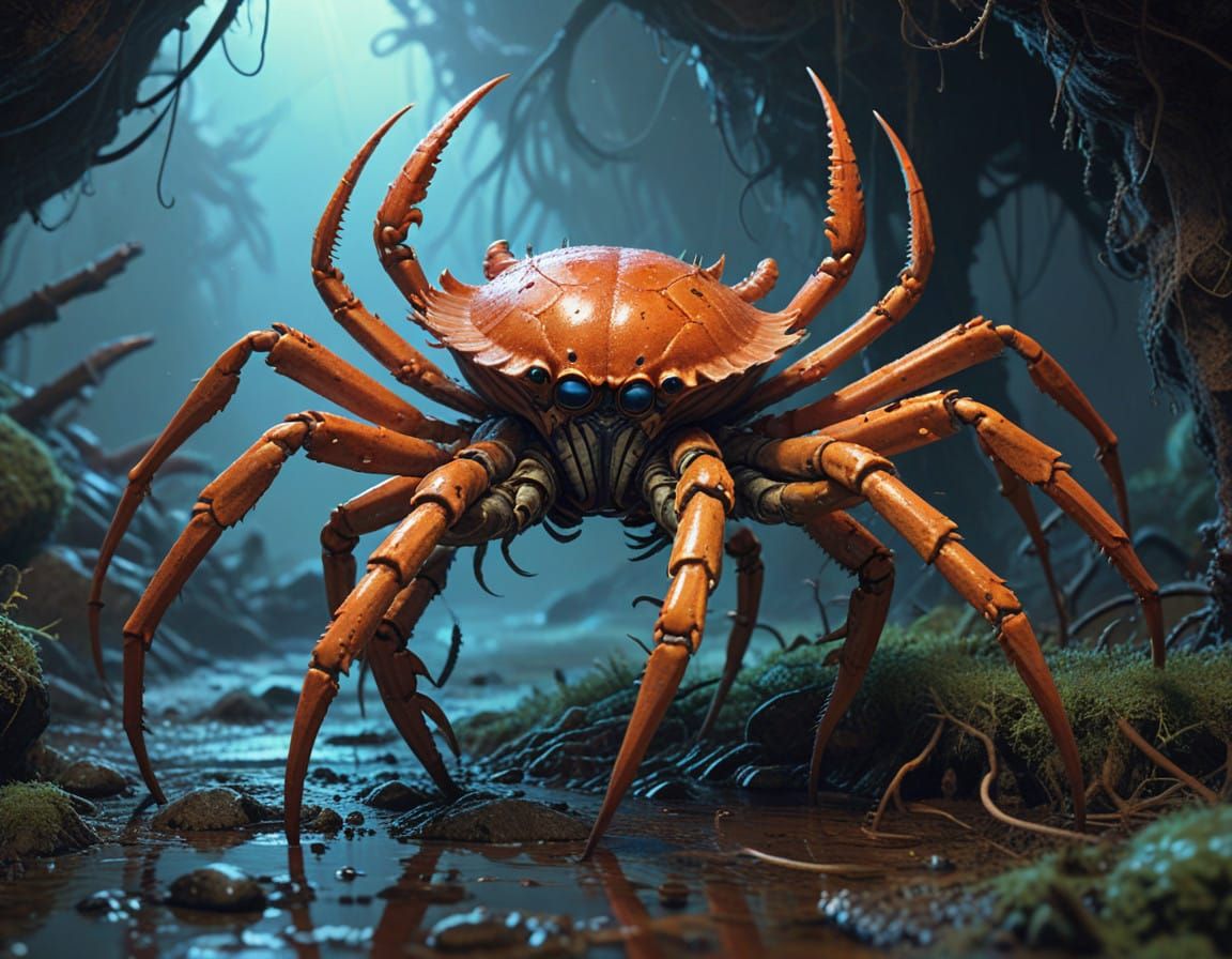 Gargantuan Spider Crab Hybrid in Vibrant Fractal Landscape