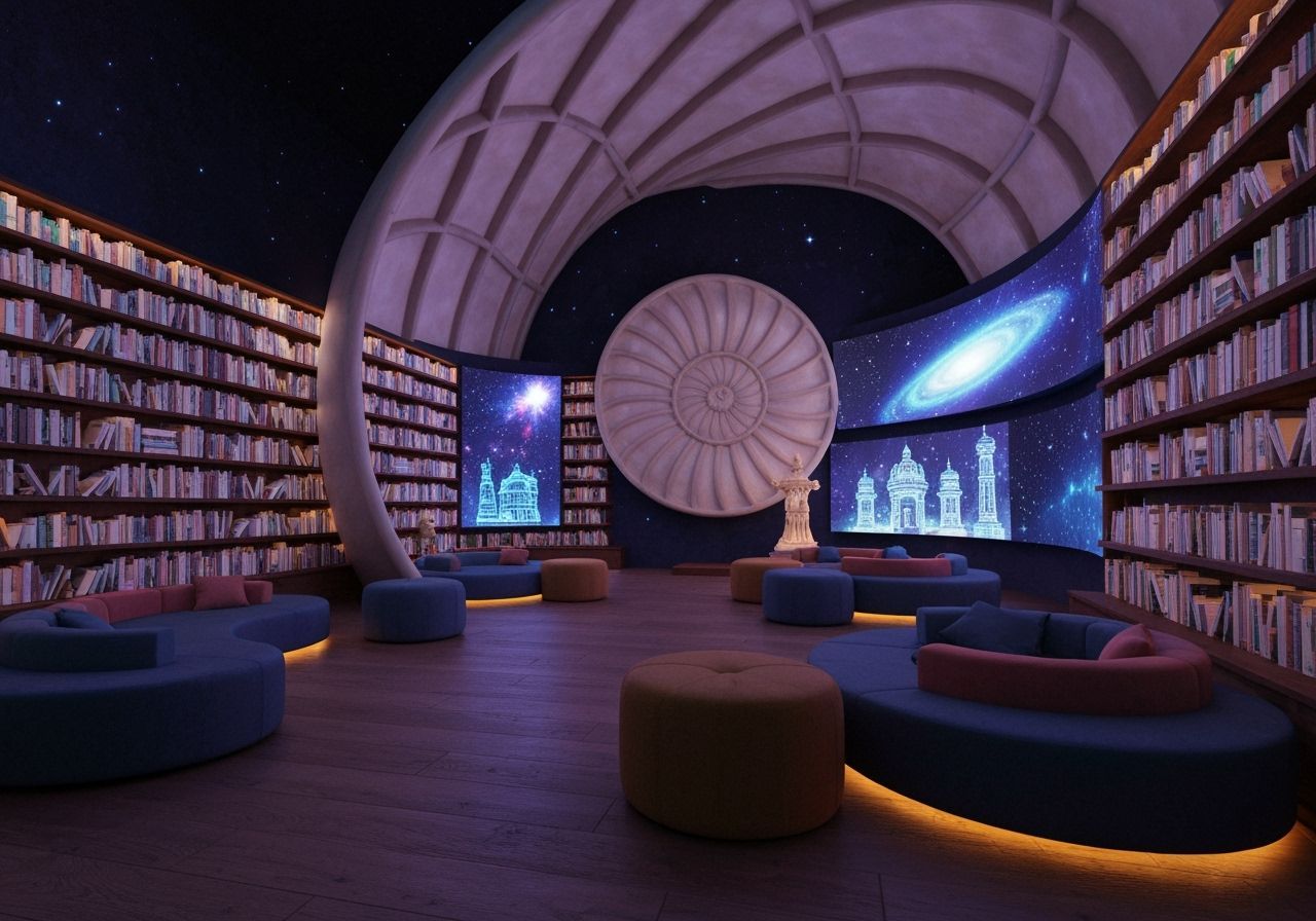 Cozy Neon Library Inside Nautilus Shell