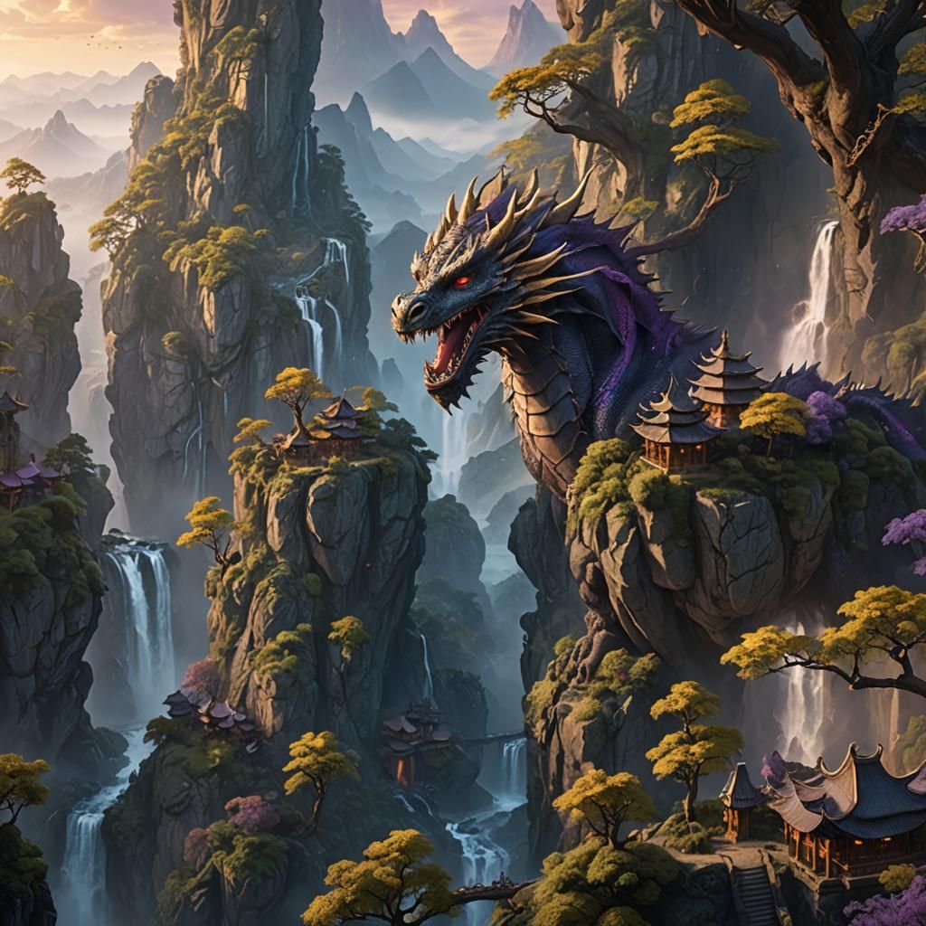 Majestic Dragons Soaring Over Ancient Mountain Range