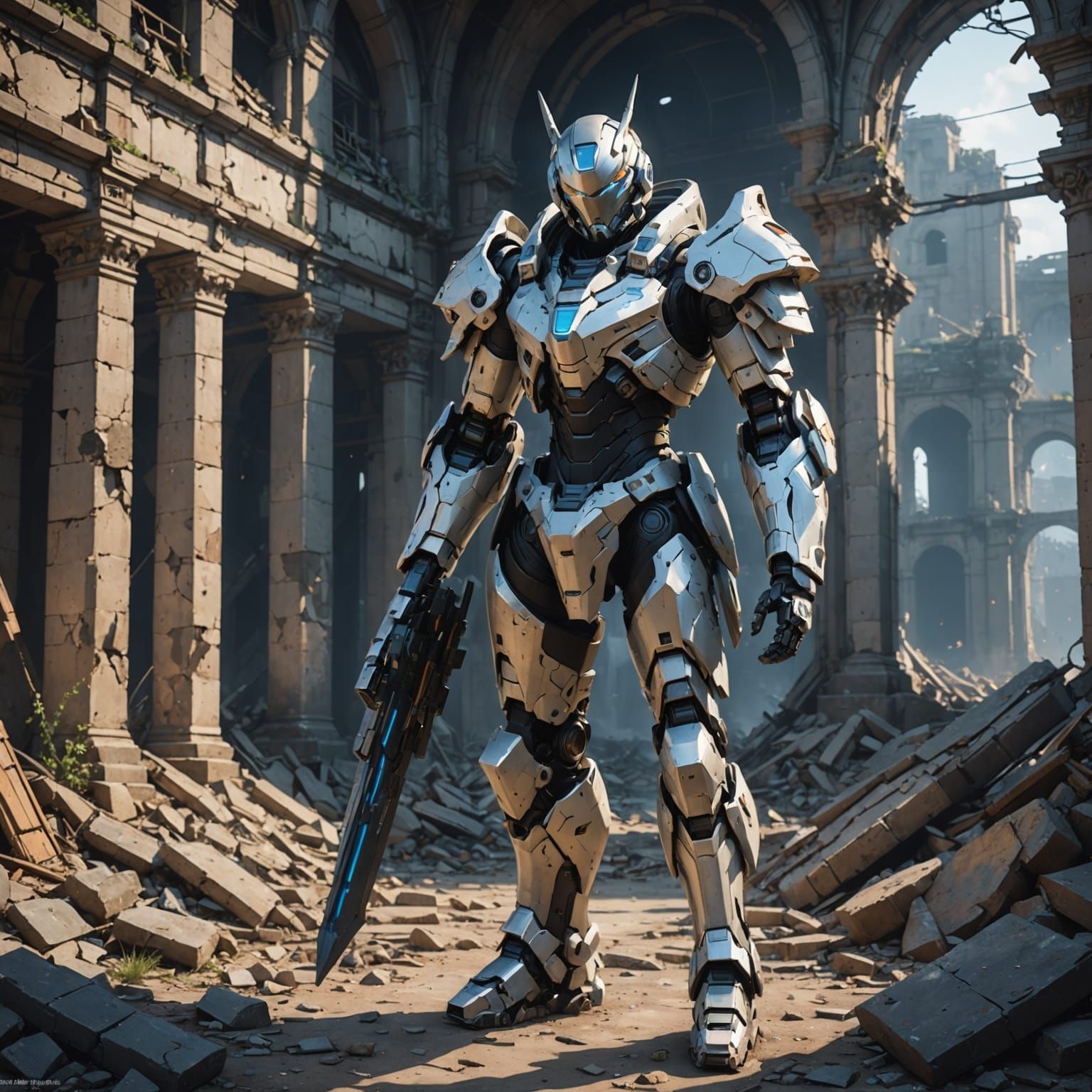 Android guardian standing in ruins