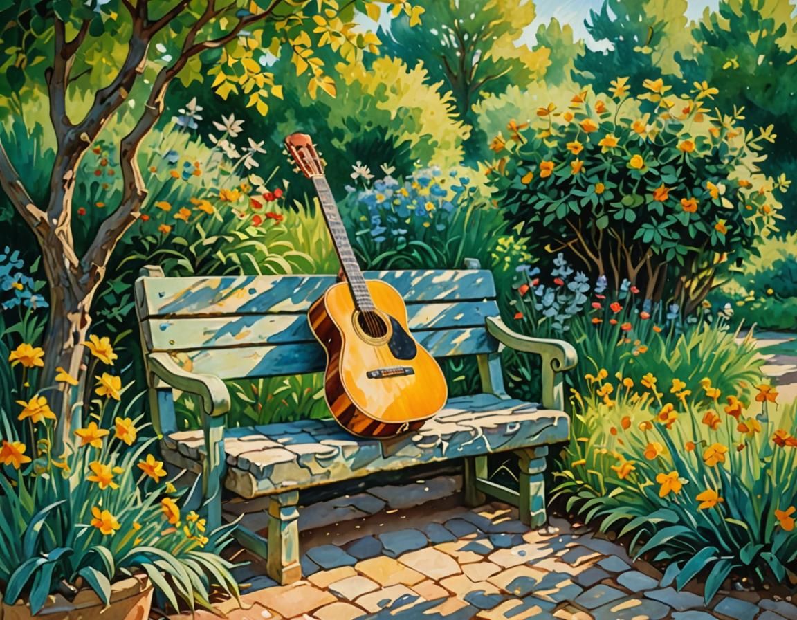 Classical Guitar in Summer Garden: Impressionist Gouache Pai...