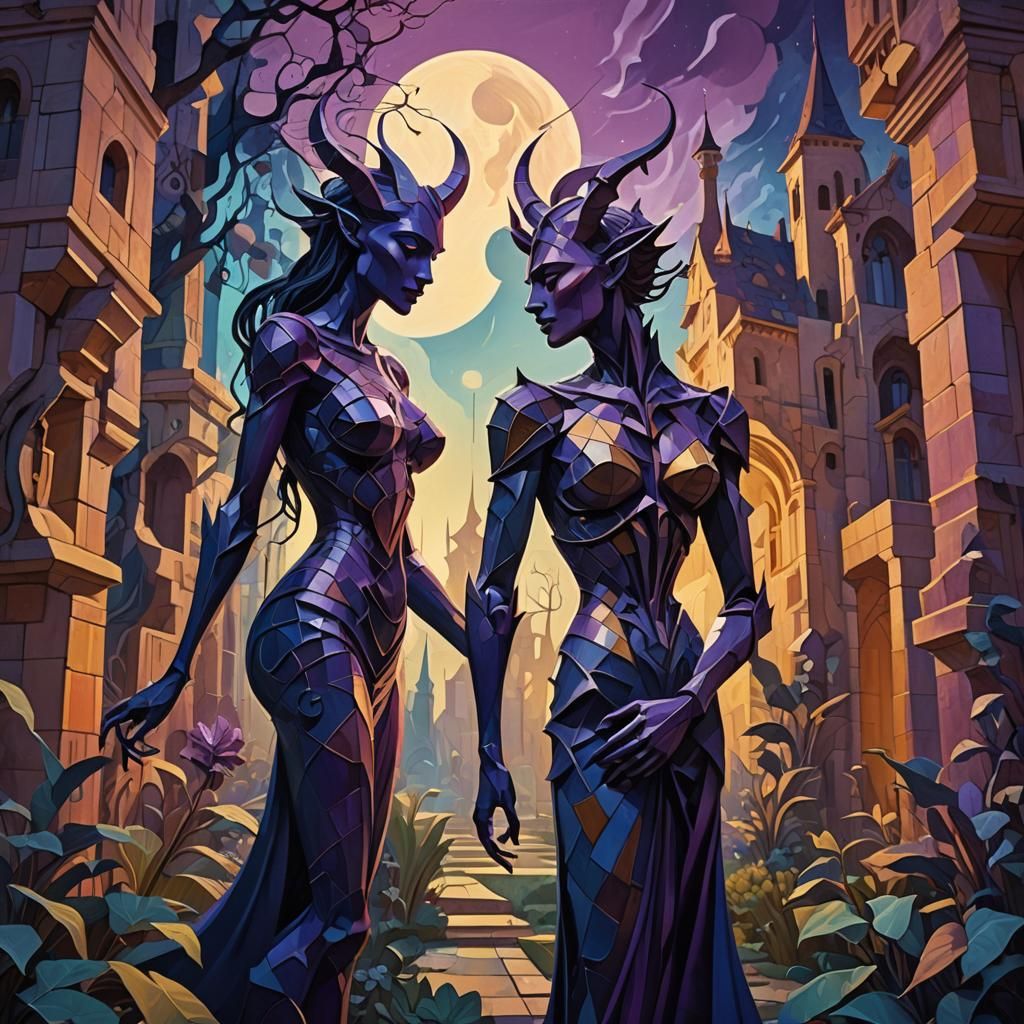 Mystical Demon Seduction in Cubist Fantasy Style