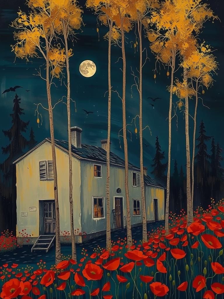 Moonlit darkness shrouds the old wooden house, its weathered facade seeming to lean towards the cluster of vibrant yello...