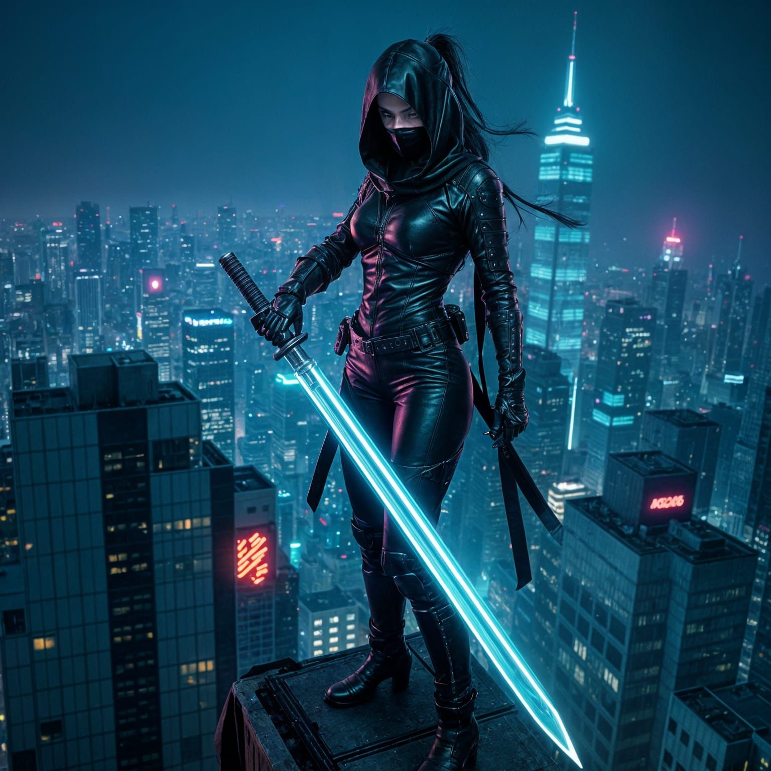 Cyberpunk Female Ninja Assassin on Tokyo Skyscraper