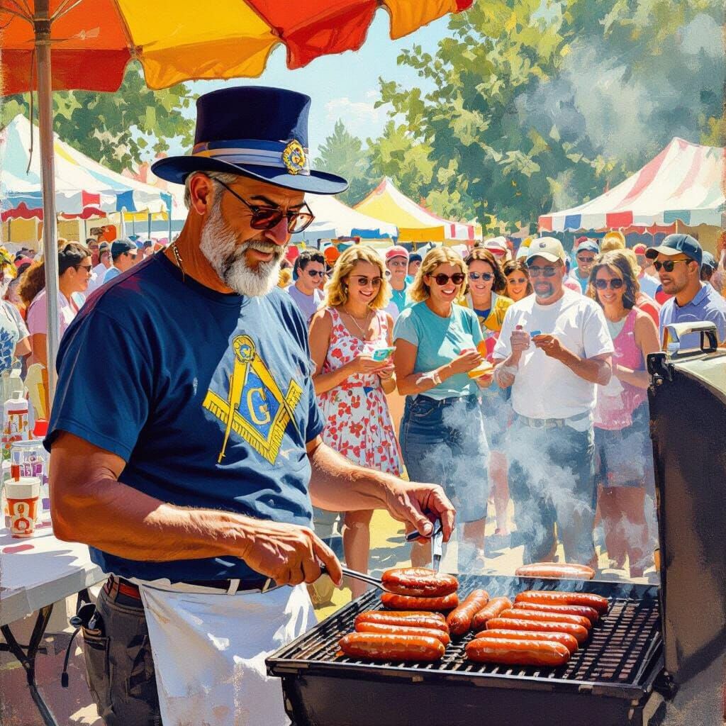 Man Grilling Hot Dogs at Charity Festival, Americana Art
