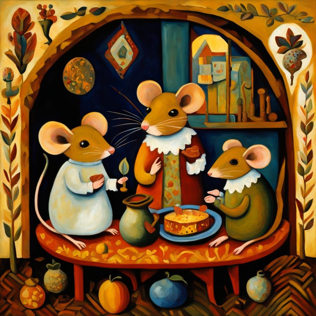Mice Family Burrow Feast in Colonial Style