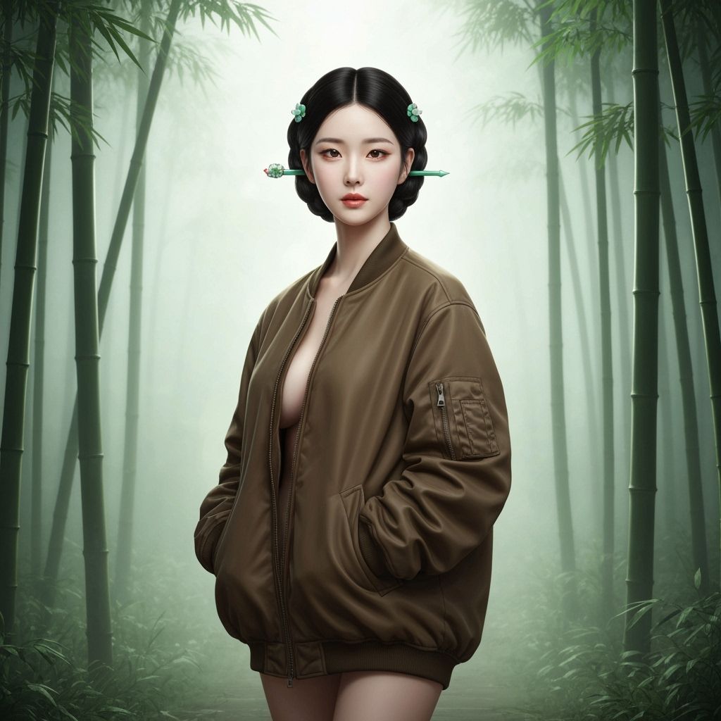 Korean Woman in Bomber Jacket, Hyperrealistic Rendering
