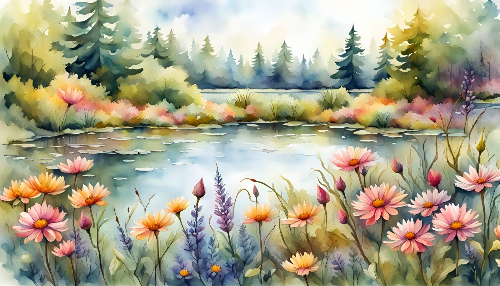 Colorful Wildflowers Surround Pond in Watercolor Style