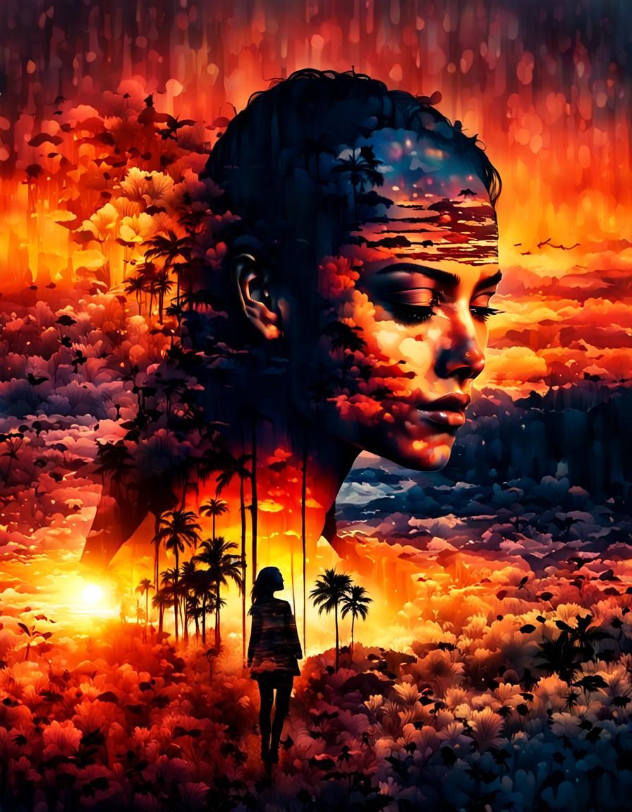 Sunset Coast Silhouette: Double Exposure Art in 8K