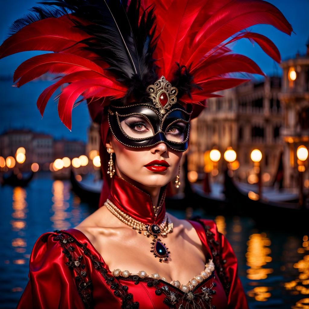 Mysterious Venetian Lady in Red Latex Mask