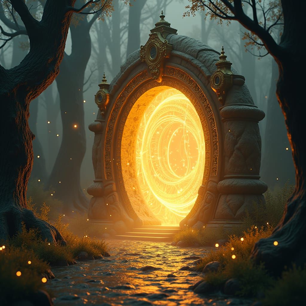 Ethereal Golden Portal Amidst Ancient Trees