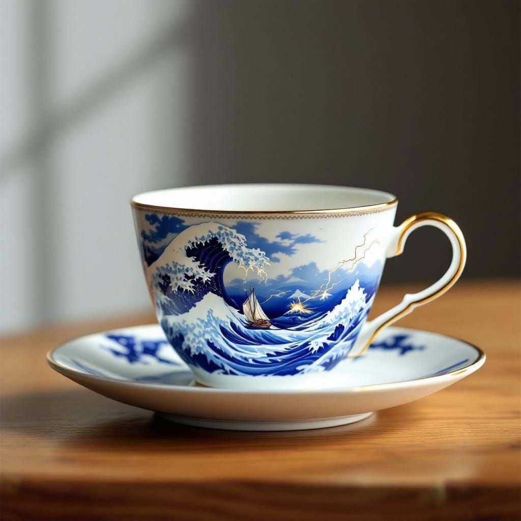 Elegant Teacup with Stormy Seas Illustration