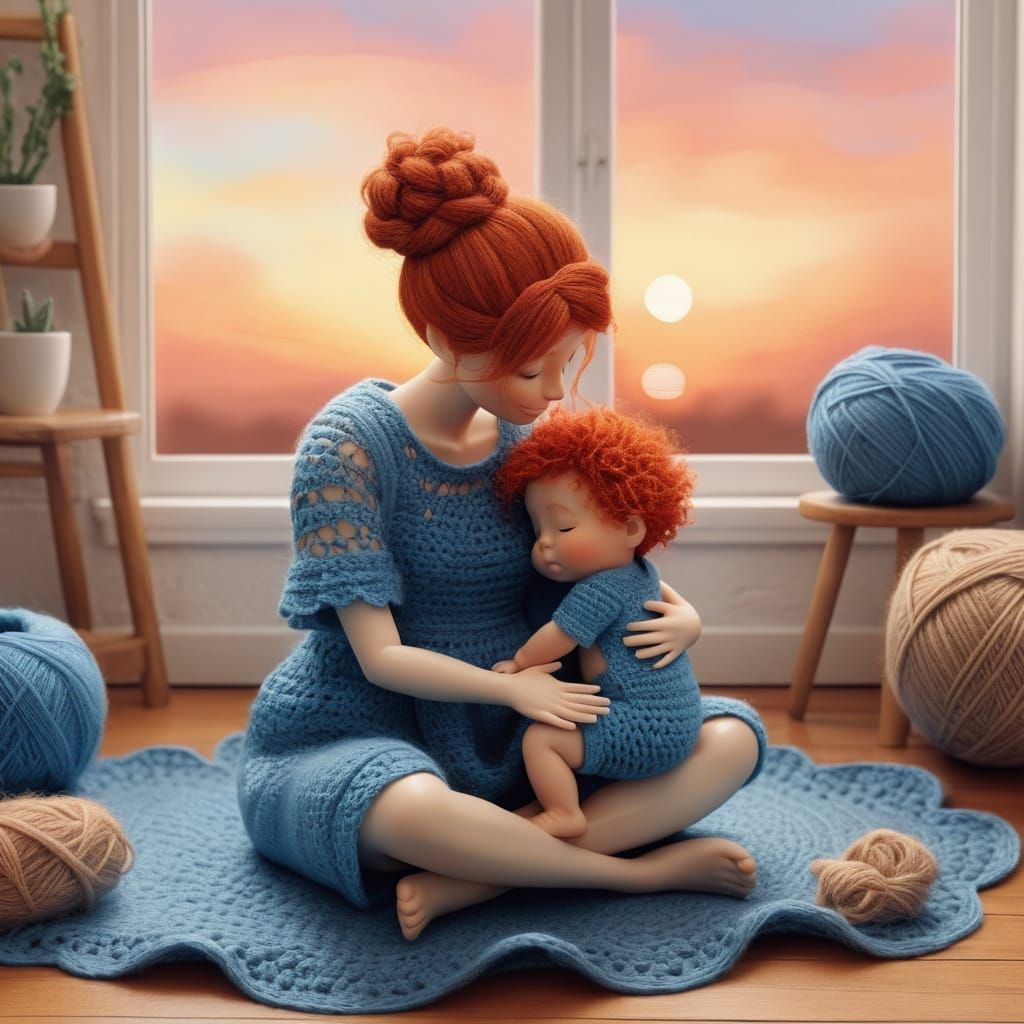 Crocheted Baby Hugs Mom in Watercolor Illustration