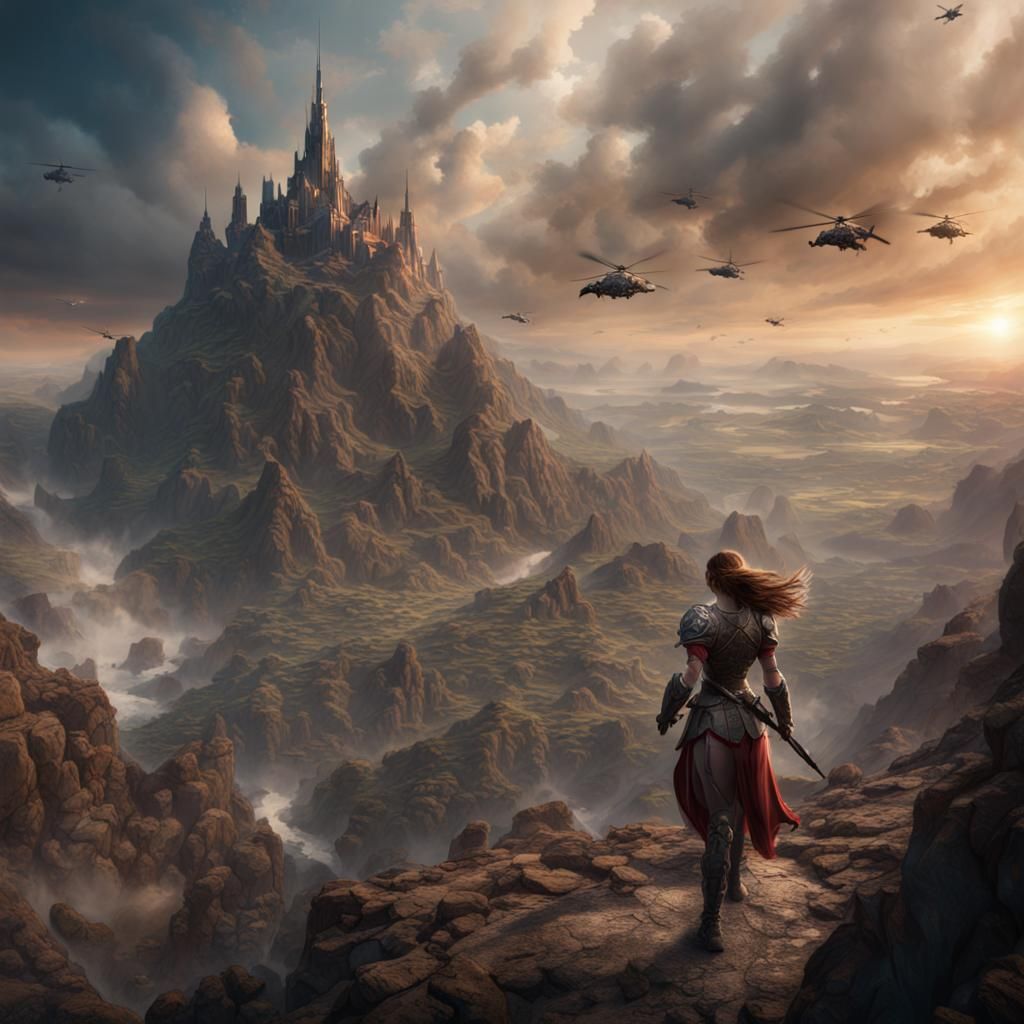 Woman Battles Army in Mountain Dreamscape