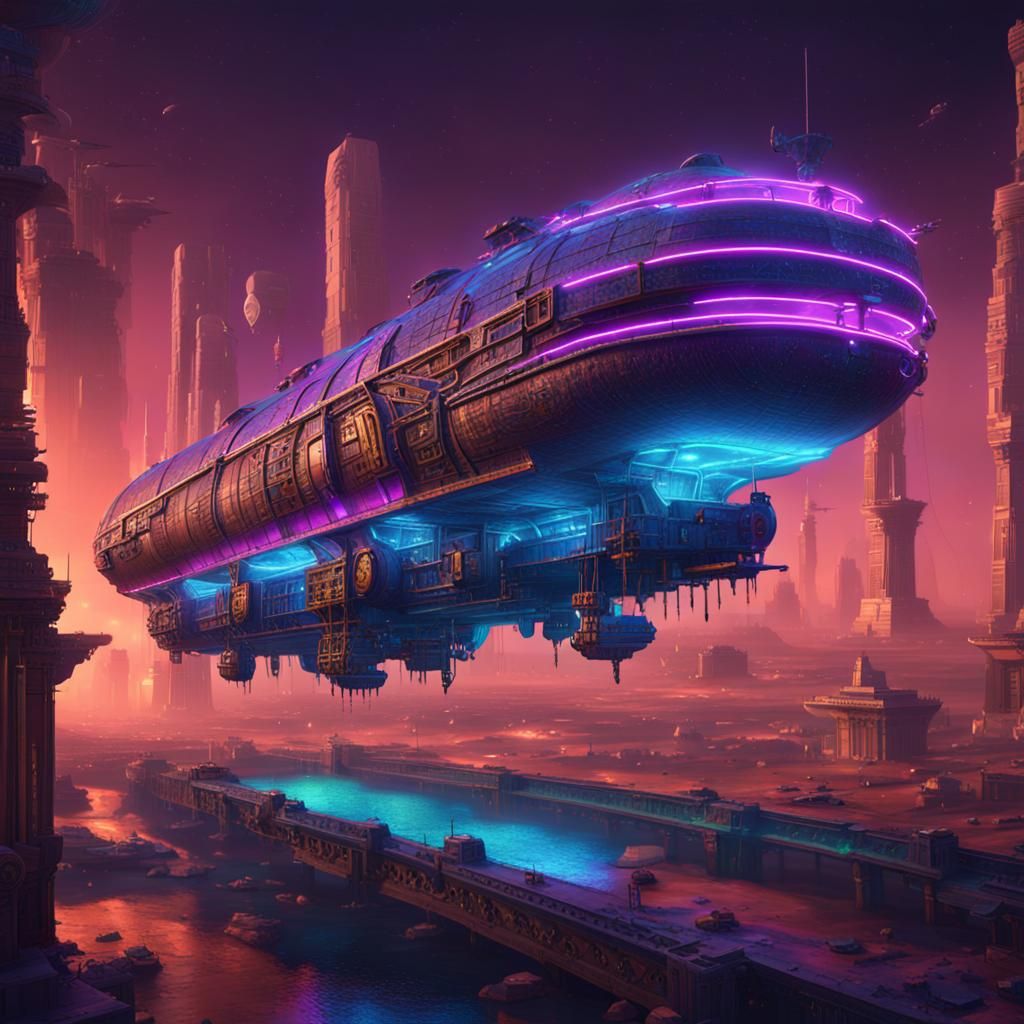 Neon Egyptian Airship in Cyberpunk Style