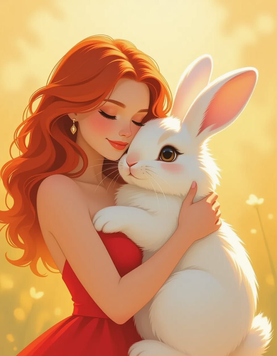 Fiery Redhead Embraces Fluffy Bunny in Golden Hour Glow