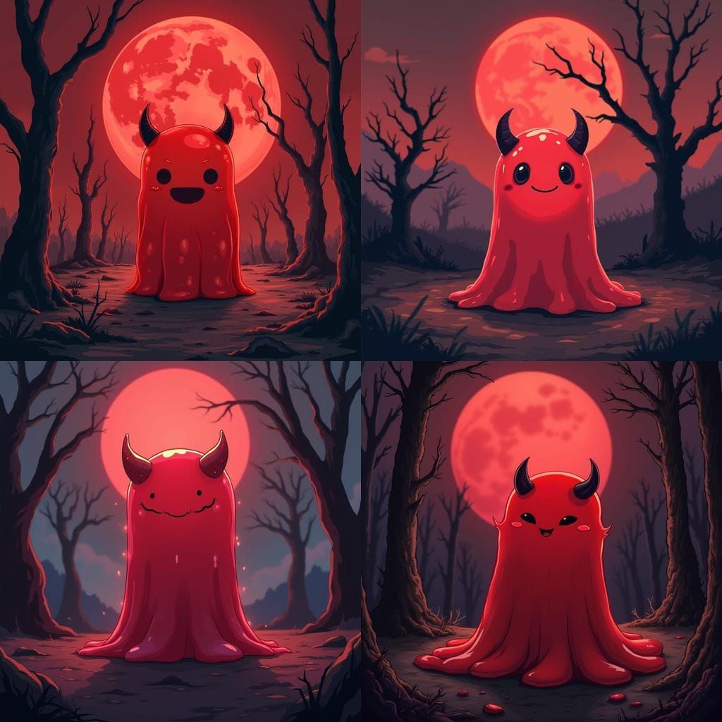 Friendly Red Slime with Demon Horns and Red Moon