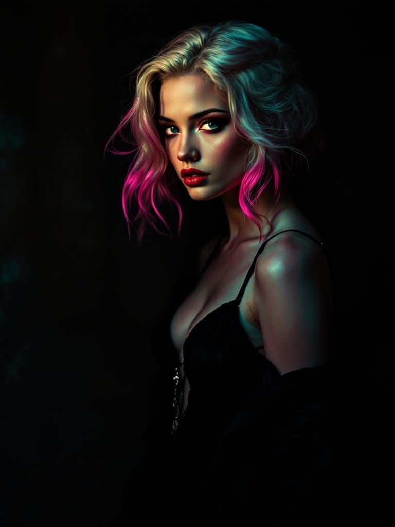 Pin-Up Woman with Pink-Tipped Hair in Gothic Atmosphere