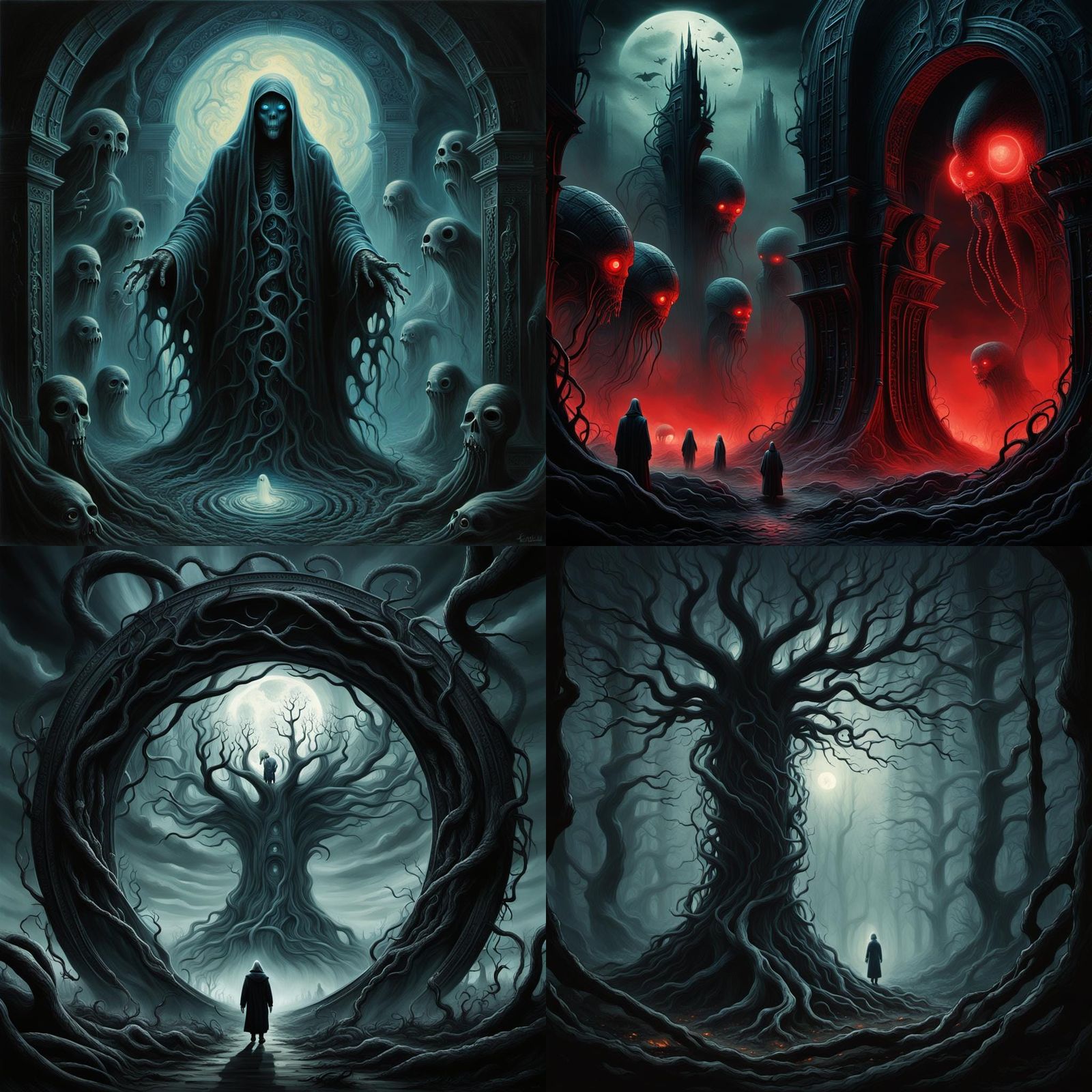 Surreal Horror: Ghosts and Portals in Dark Art Style