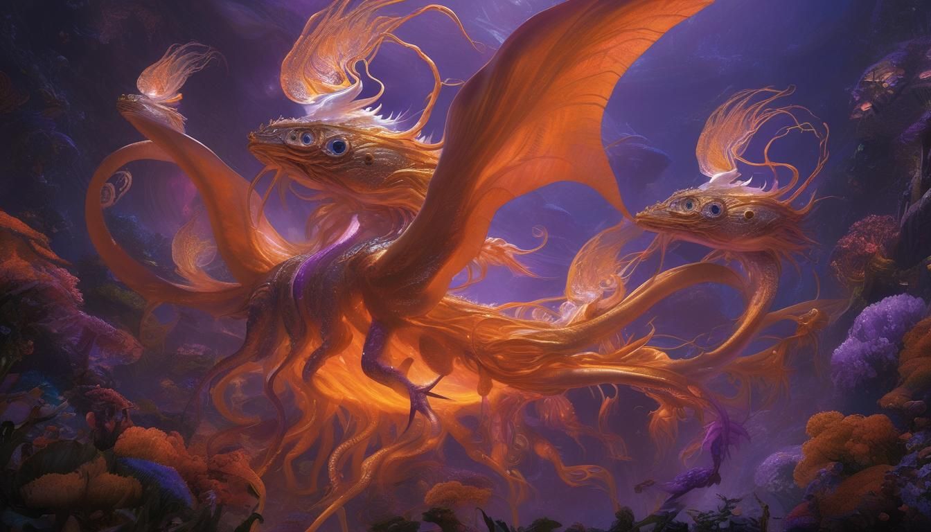 Flying Monsters Chase Humanoids in a Radiant Landscape