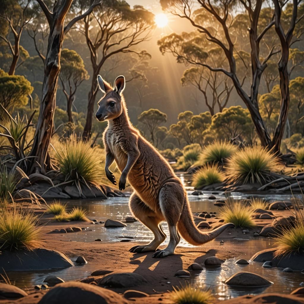 Hyperrealistic Kangaroo Baby Bounding at Sunrise