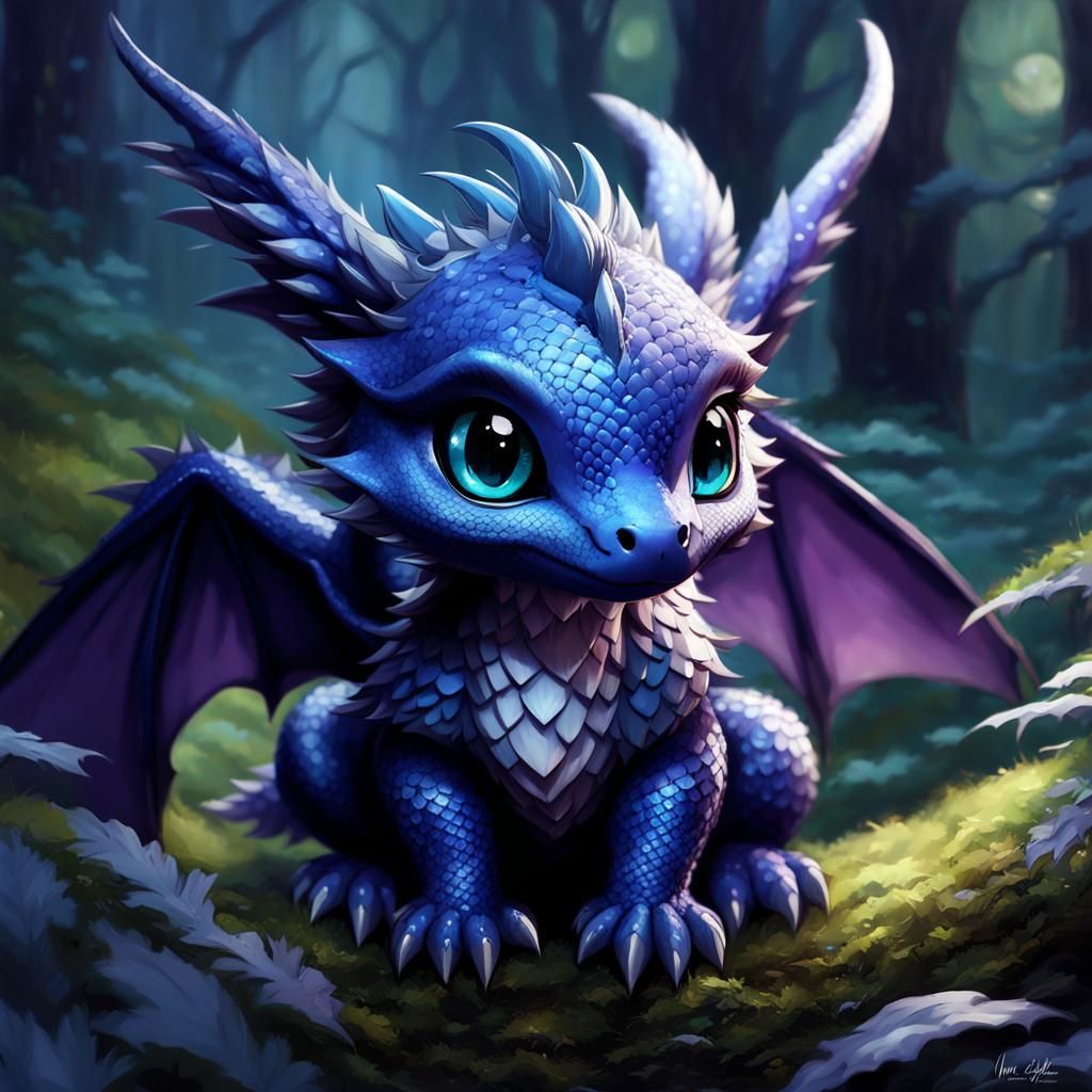 Chibi Navy Dragon in Enchanted Forest