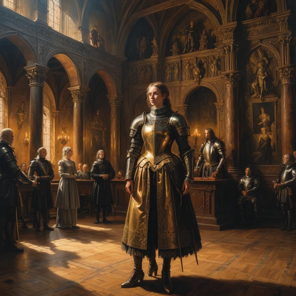 Accused Lady and Knight in Medieval Courtroom