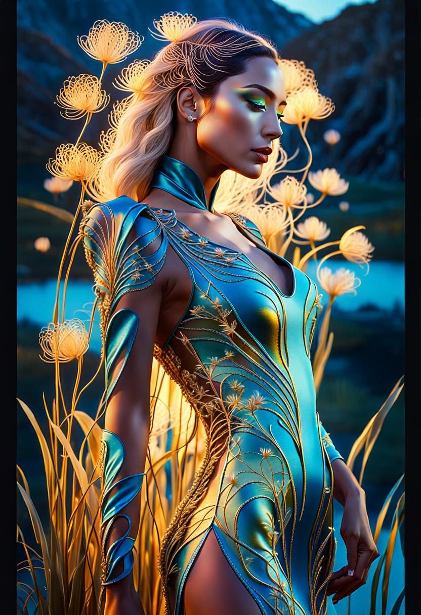 Magical biolumienscent Grass fillegree fashion, beside a lak...