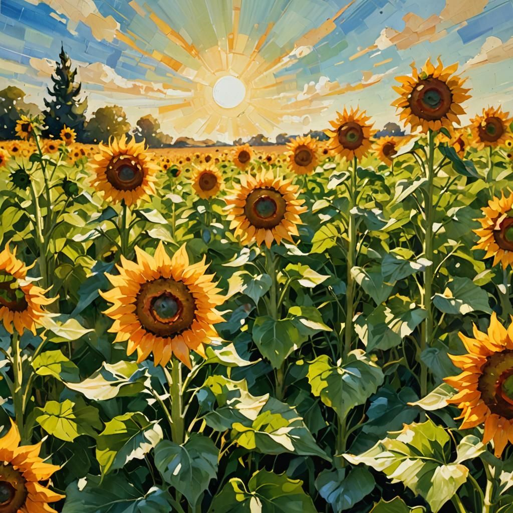 Impressionistic Sunflowers Chanting in a Sunny Field