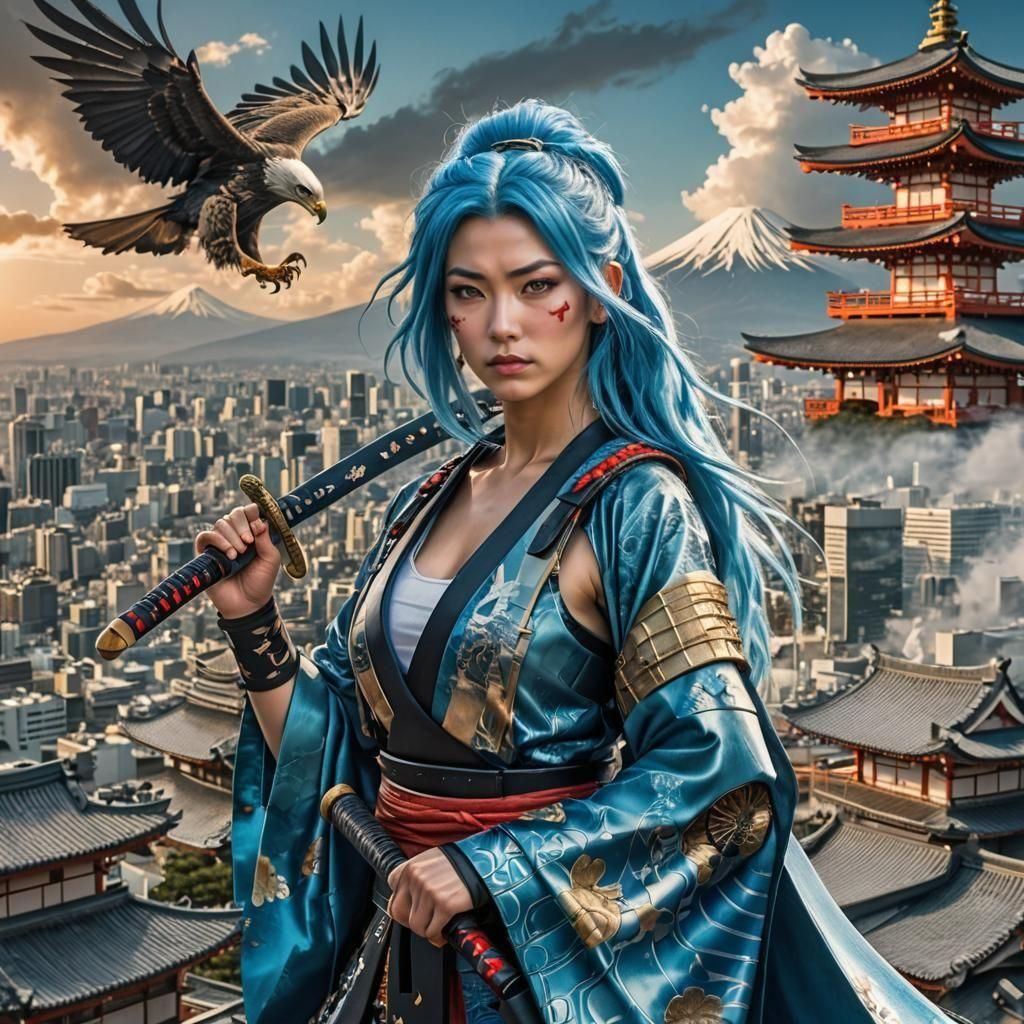 Fierce blue-haired warrior woman in traditional Japanese samurai attire, standing against the backdrop of a futuristic T...