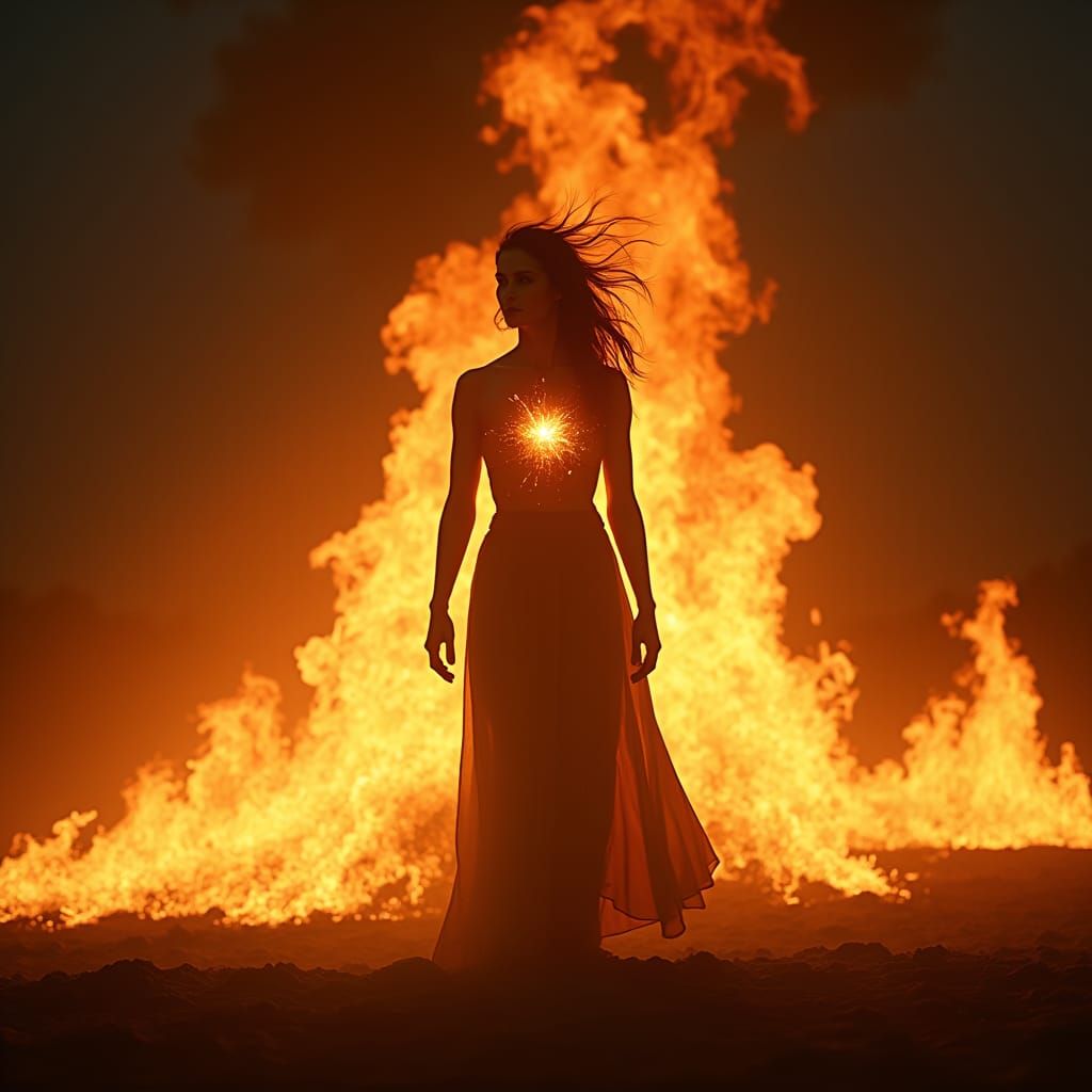 Fiery Woman Silhouette Rising, Cinematic Light